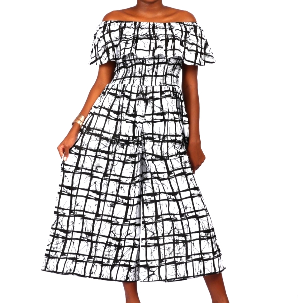 Elegant Ruffle Off-Shoulder Jumpsuit with Headscarf